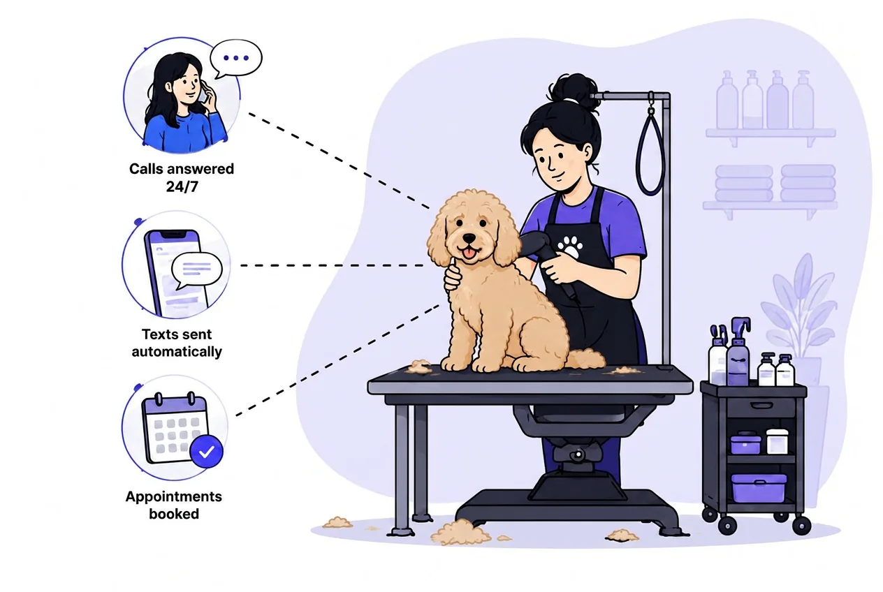 Dog groomer with a doodle illustrating Retrevr answering calls, sending texts, and booking appointments