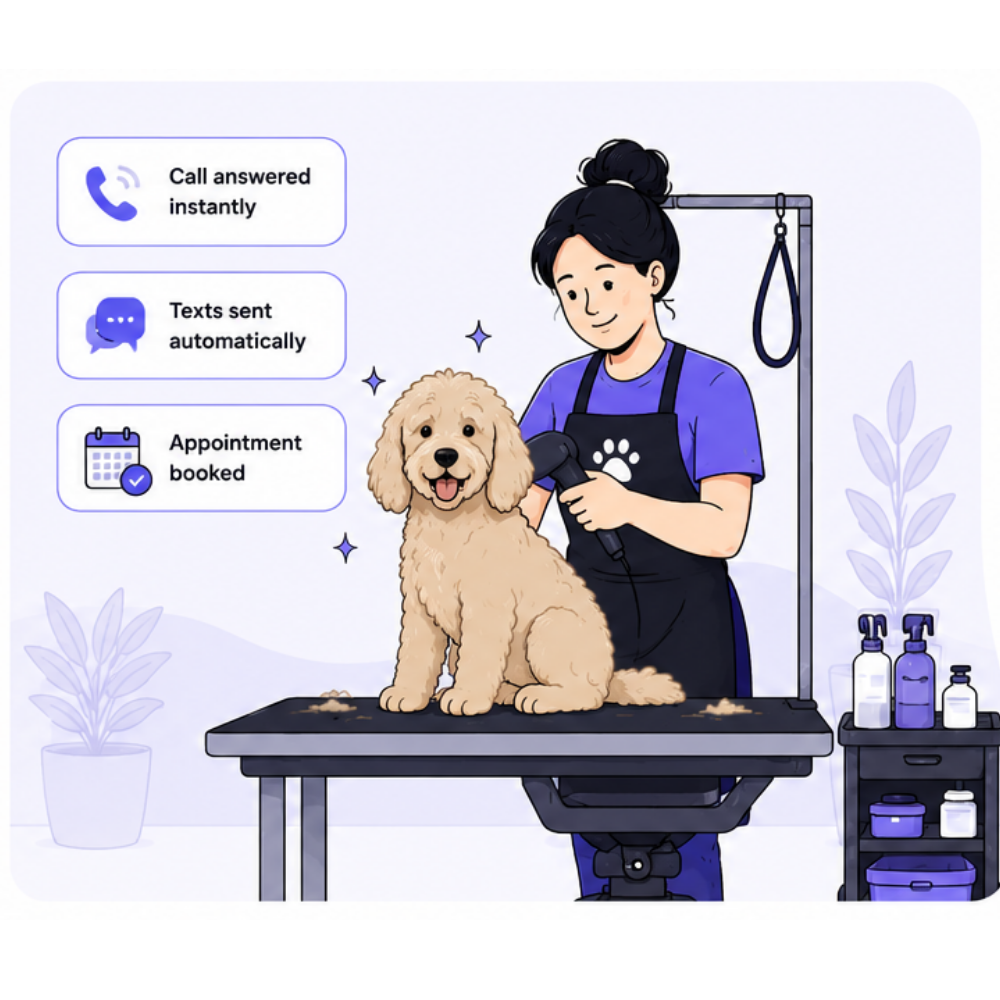 A calm, organized grooming salon with Retrevr handling the phones