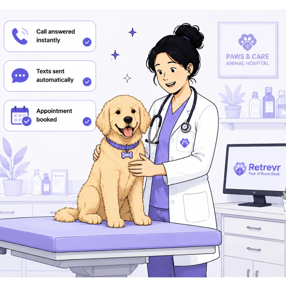 A calm, organized vet clinic with Retrevr handling the phones